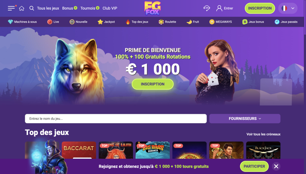 Photo de la page d'accueil du casino en ligne FGFox