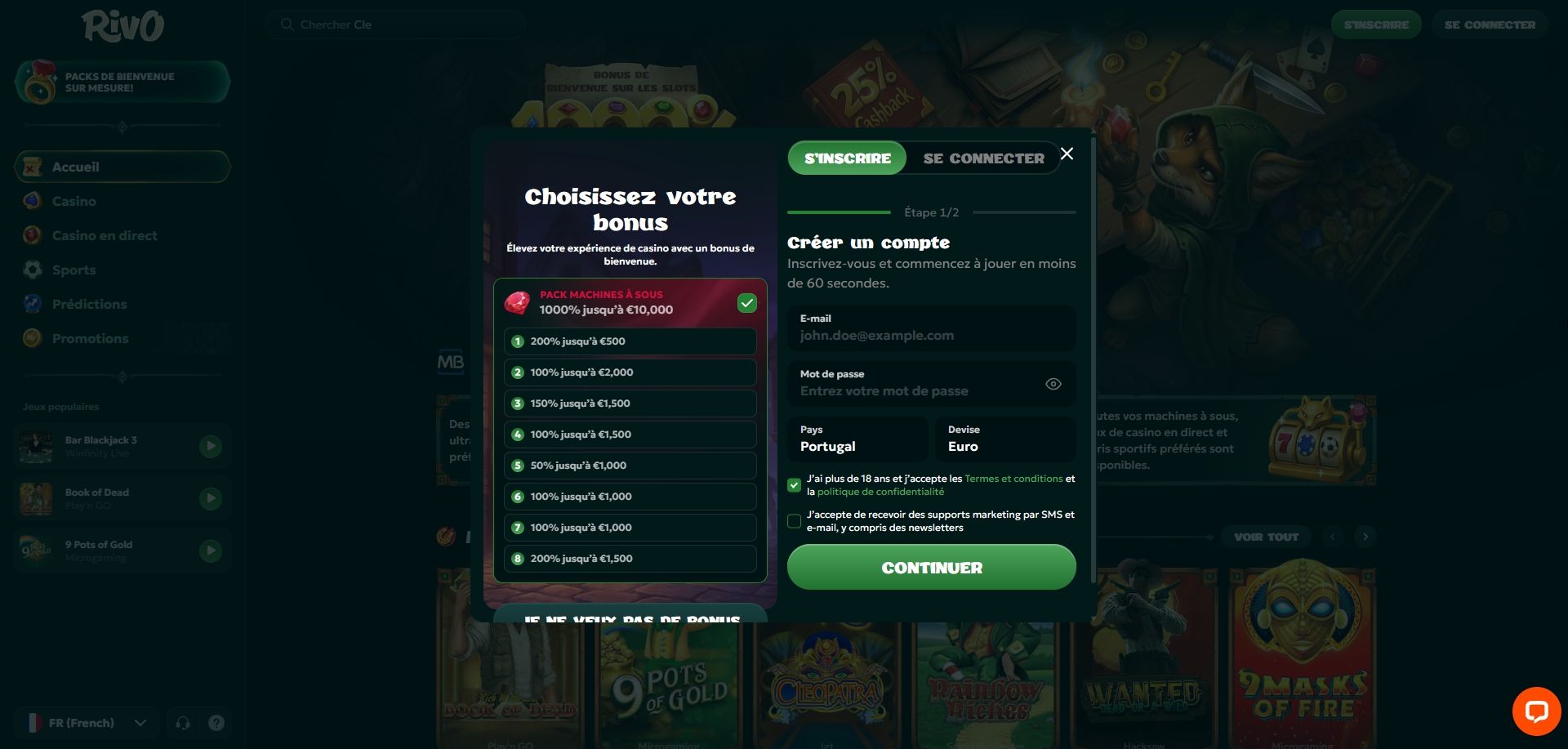 Inscription et choix du pack de bonus sur Rivo Casino